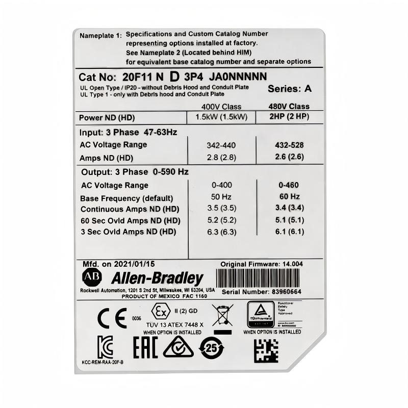 Allen Bradley 20F11ND3P4JA0NNNNN PowerFlex 753 AC Drive