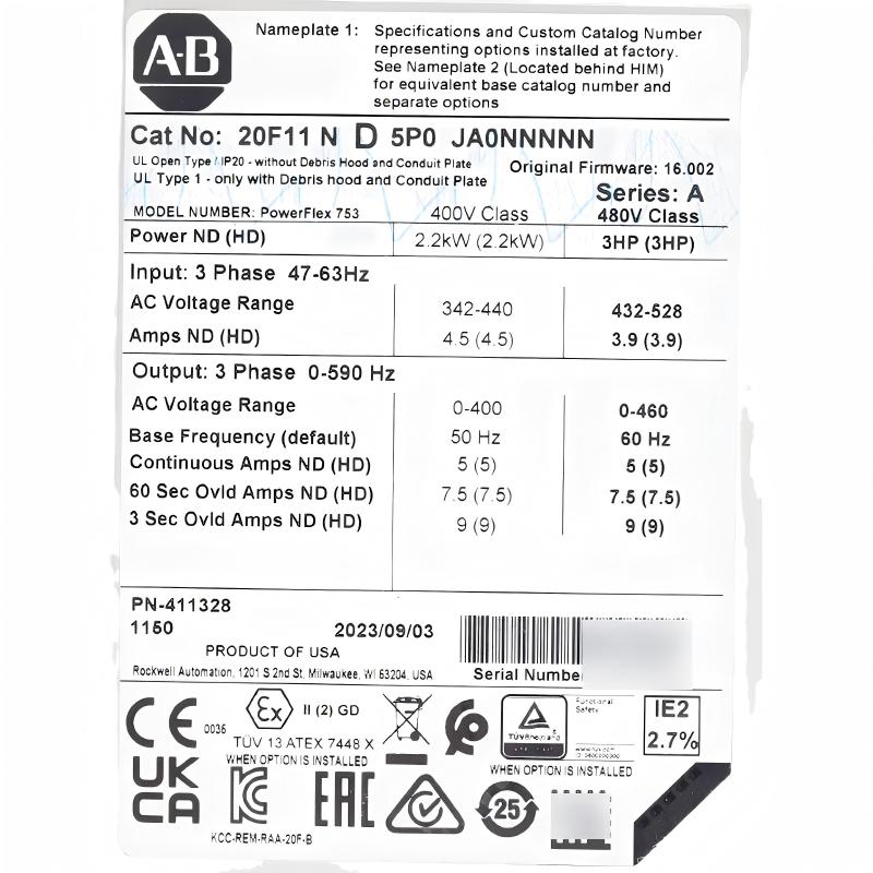 Allen Bradley 20F11ND5P0JA0NNNNN PowerFlex 753 AC Drive