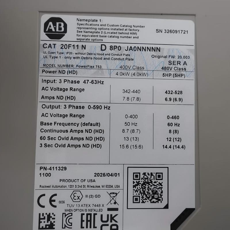 Allen Bradley 20F11ND8P0JA0NNNNN PowerFlex 753 AC Drive